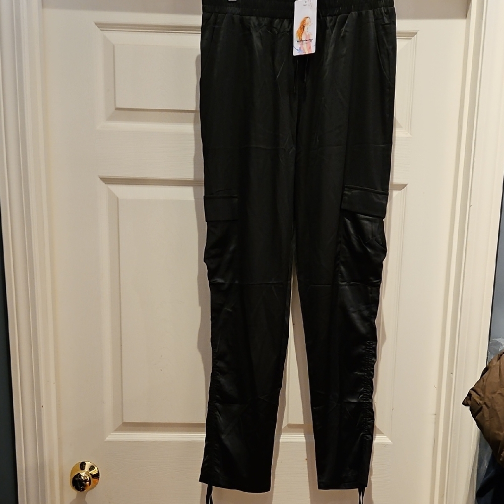 Black Lightweight Satin Cargo Pants
